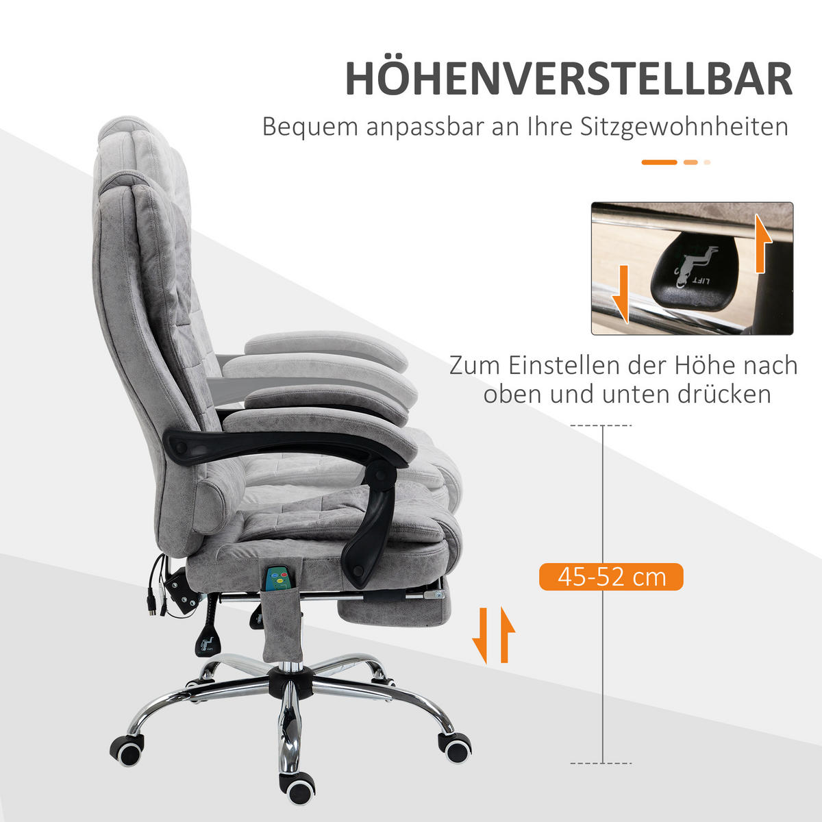 CHEFSESSEL mit Massagefunktion, Schreibtischstuhl mit Liege- & Wärmefunktion Grau - Anthrazit/Silberfarben, Kunststoff/Textil (70/119/65cm) - Vinsetto