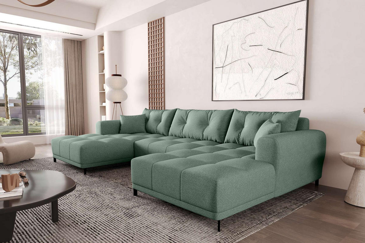 WOHNLANDSCHAFT Strukturstoff Salbeigrün inkl. Schlaffunktion - Salbeigrün/Schwarz, Textil/Metall (348/94/181cm) - 99rooms