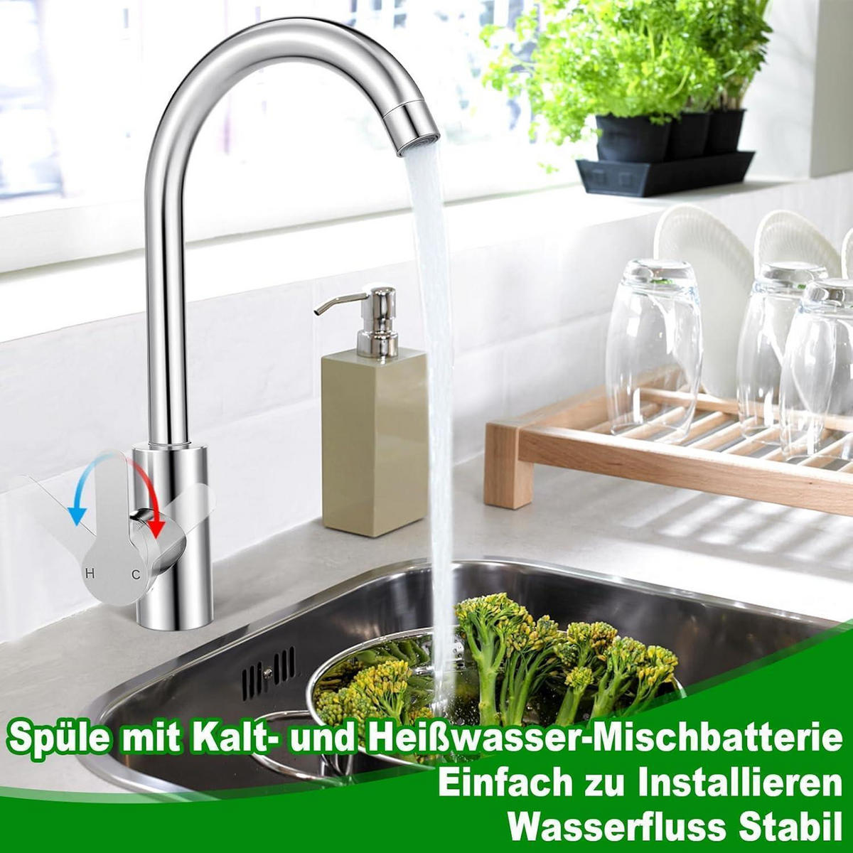 KÜCHENARMATUR 360° drehbar mit Schläuchen Edelstahl Hochdruck - Silberfarben, Metall (18/5/32cm)
