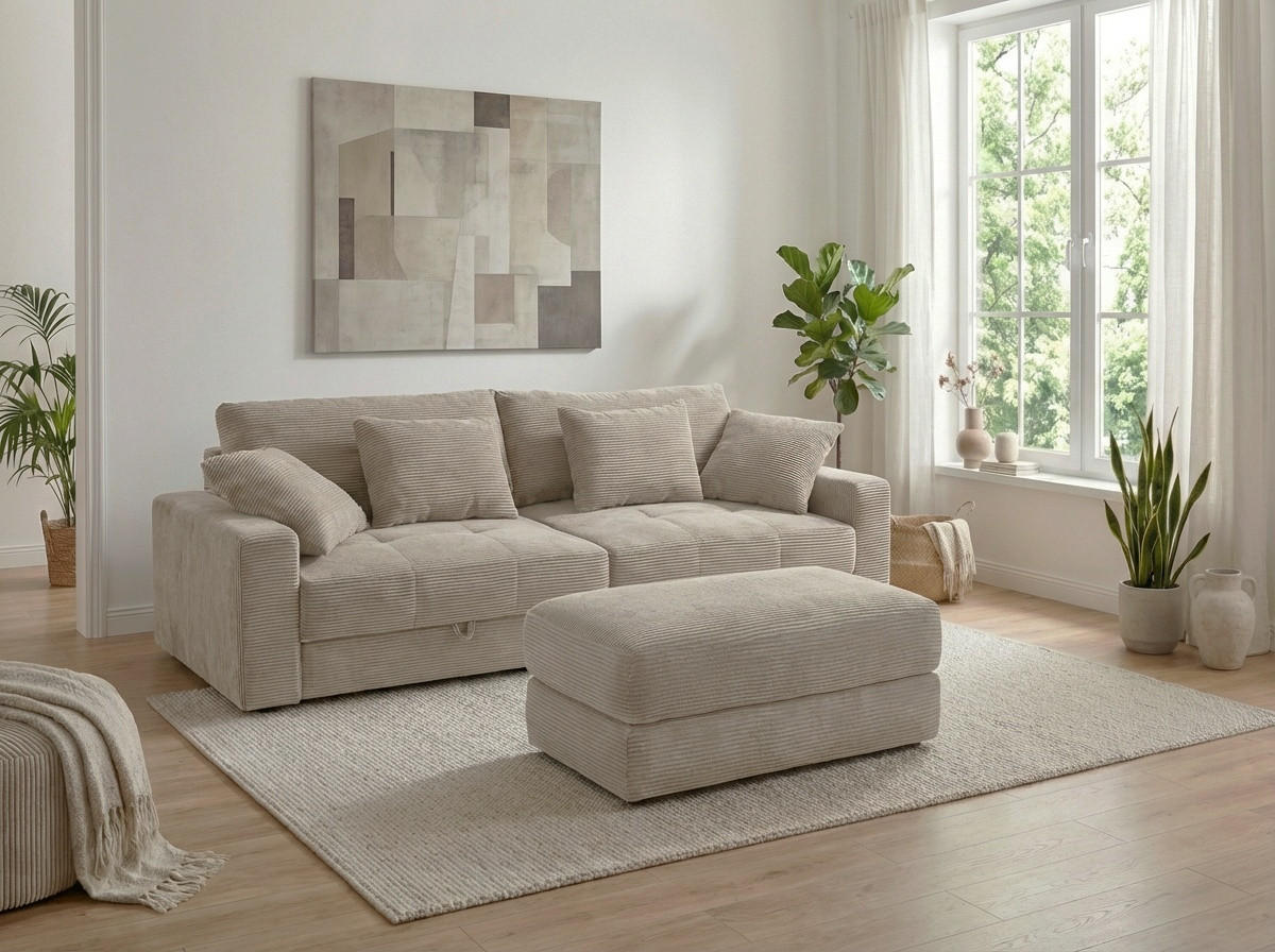 BIG-SOFA mit 2 Bettkästen, viel Stauraum, B274/T113/H84 cm, Liegefläche 103x241 cm, Cord Beige Grau / 15263 - Greige/Beige, Kunststoff/Textil (284/84/113cm) - luma-home