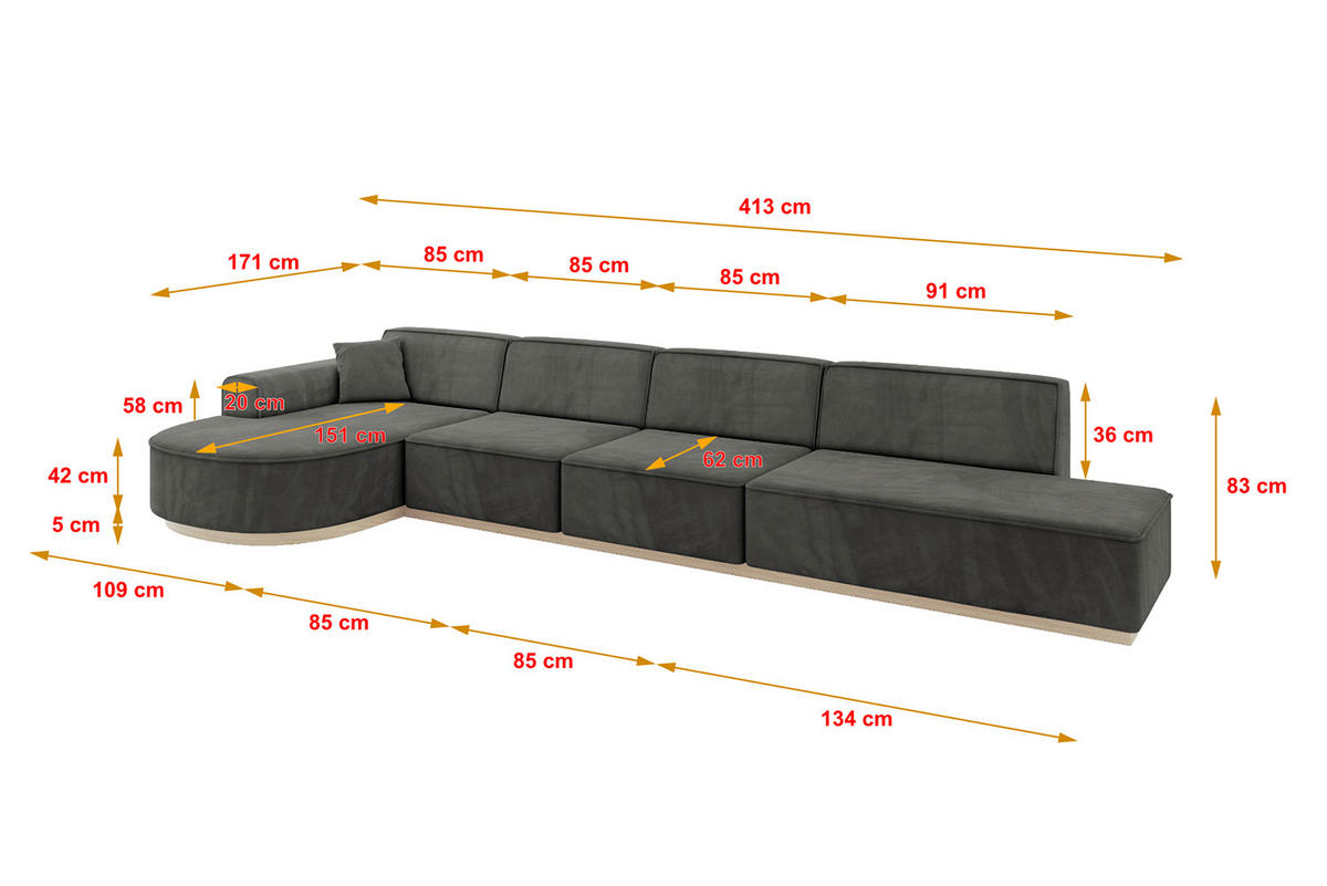 ECKSOFA Ottomane Links ARRIO-L3 - 413x171x83 cm Dunkelgrau - Dunkelgrau, Holzwerkstoff/Textil (413/171cm) - ALTDECOR