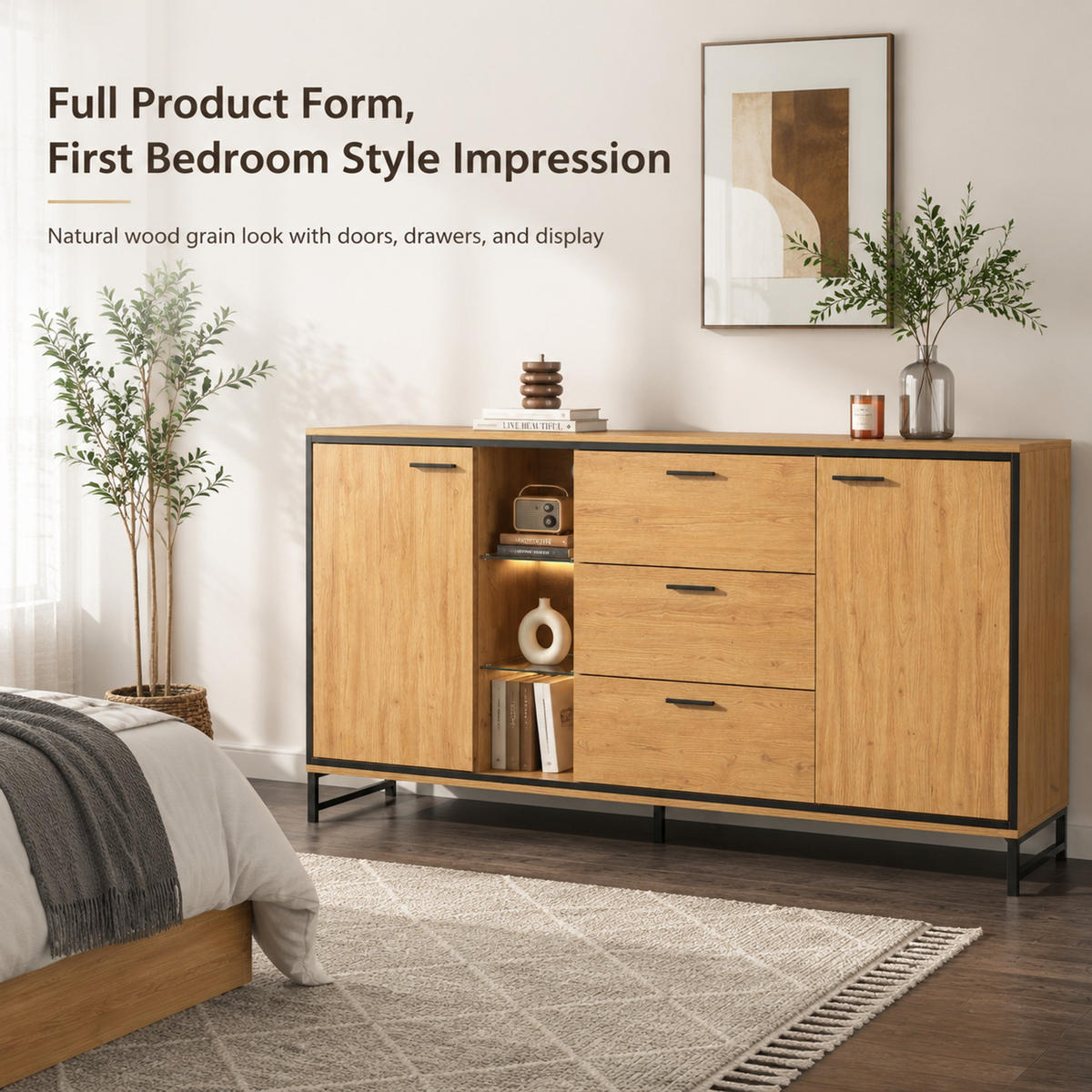 SIDEBOARD 160/40/85 cm aus Holzwerkstoff mit LED-Beleuchtung Natur/Schwarz - Schwarz/Naturfarben, Holzwerkstoff (160/85/40cm) - Modenvie