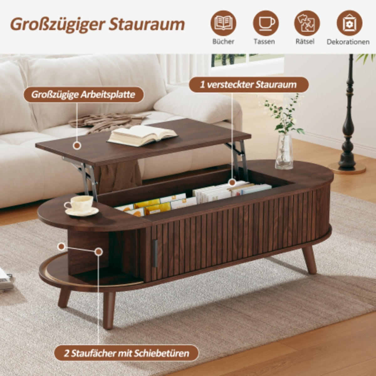 COUCHTISCH 120/50/39,5 cm Nussbaum aus MDF mit Hubfunktion, Rolltoren und verstecktem Stauraum - Nussbaumfarben, Holzwerkstoff (120/50/39.5cm) - OKWISH
