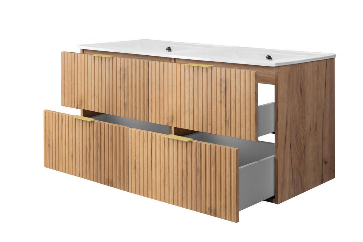 WASCHBECKUNTERSCHRANK, Eiche Craft, 120 (2 x 60) x 57 x 46 cm, Griff Gold, ohne Arbeitsplatte - Eichefarben/Goldfarben, Holzwerkstoff (120/57/46cm) - 3XE LIVING