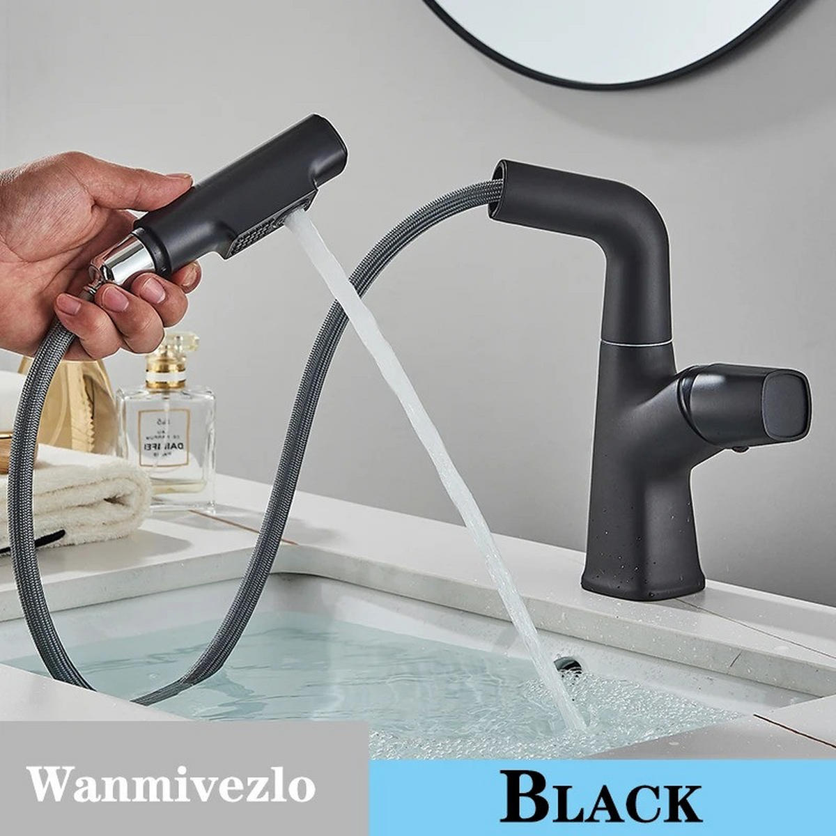 WASCHTISCHARMATUR herausziehbarer Wasserfall-Auslauf, heißes kaltes Wasser, Schwarz - Schwarz, Metall (19/24.5/5cm) - Kaket