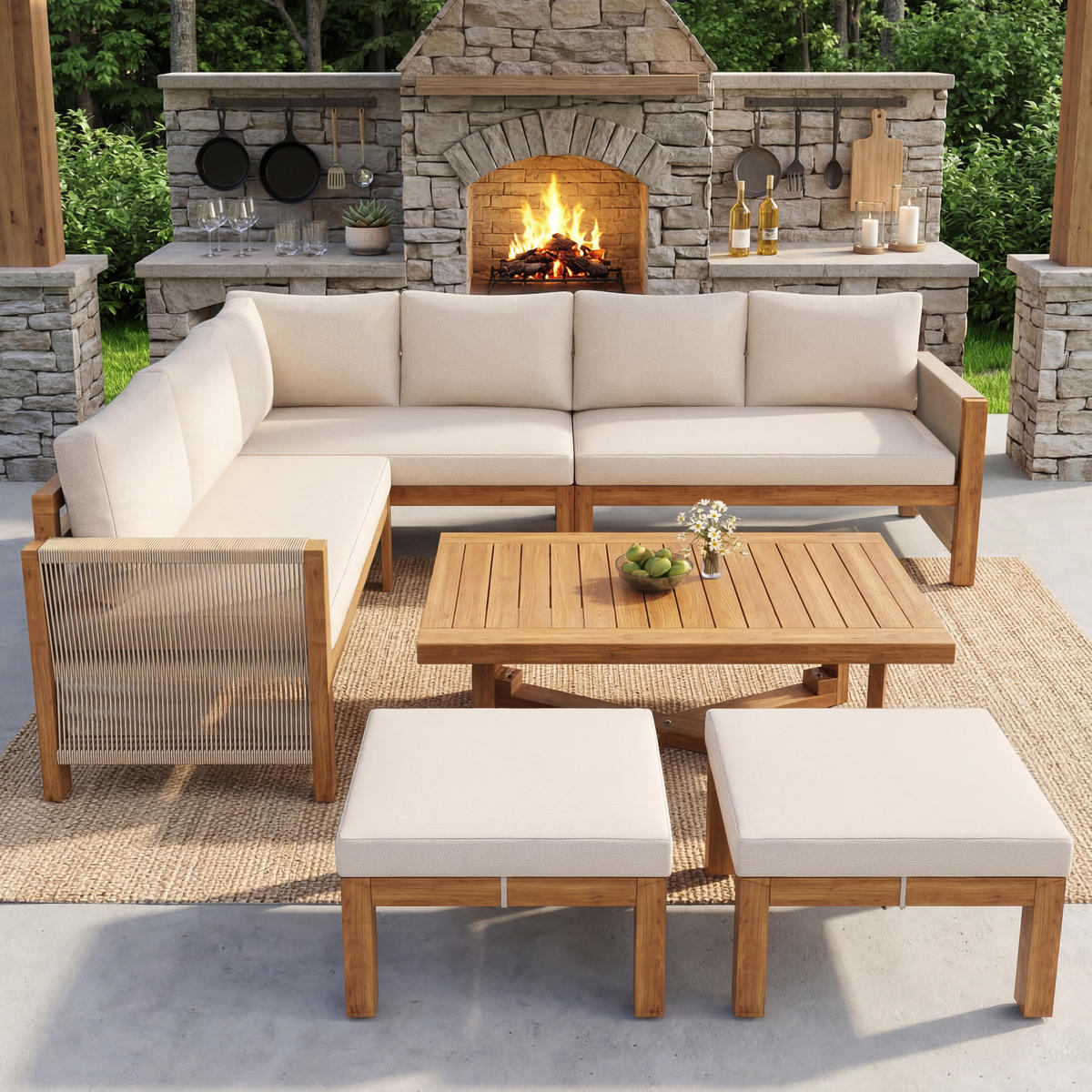 GARTENLOUNGE Akazienholz 6 Sitzer Ecksofa Kissen Tisch Hocker - Beige, Holz - FLIEKS
