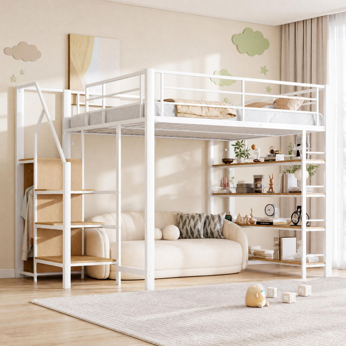 HOCHBETT 140/200 mit Sicherheitstreppe, Stauraum und Kleiderschrank in Weiß - Weiß, Holzwerkstoff/Metall (140/200cm) - EVRYAE