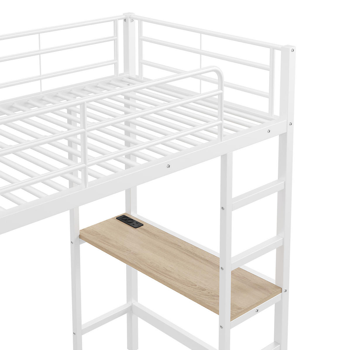 HOCHBETT aus Metall 90x200 cm in Weiß mit Schreibtisch, Steckdose & USB - Weiß, Metall (90/200cm) - Modfu