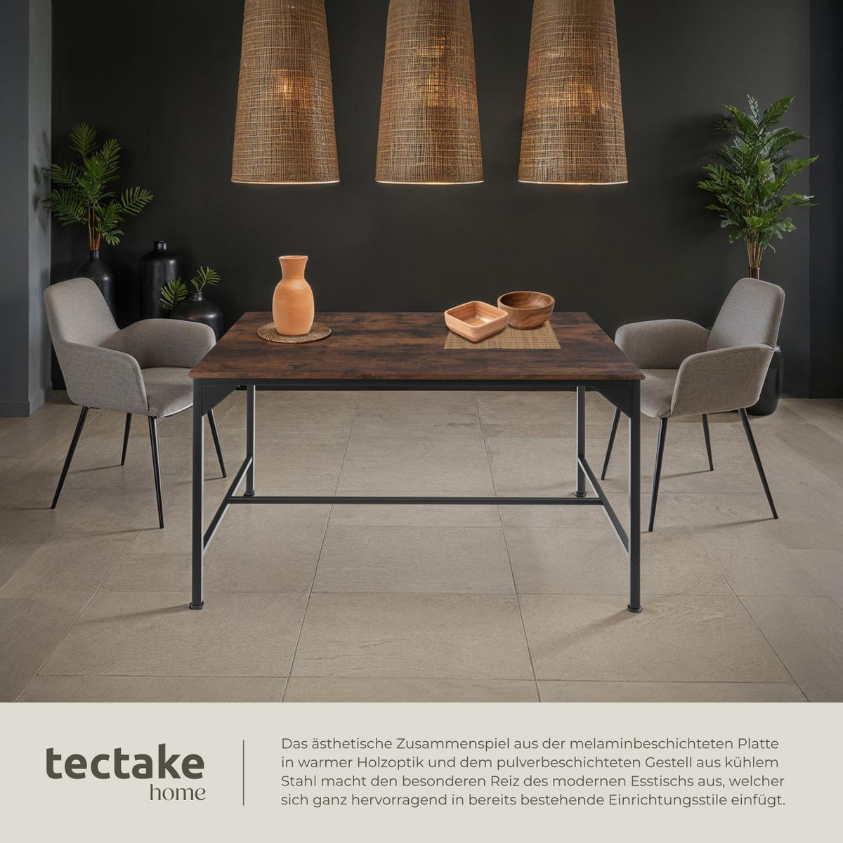 ESSTISCH Belfast,120 x 75 x 75 cm,Industrial Holz dunkel, rustikal - Rostfarben, Holz (120/75/75cm) - tectake