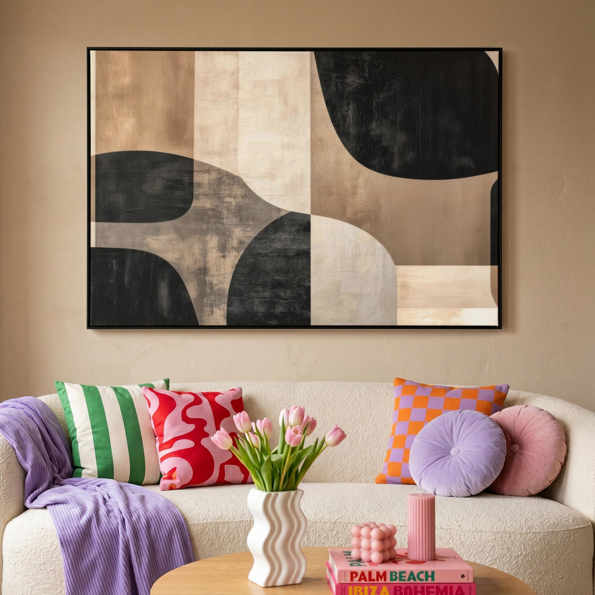 LEINWAND Bilder mit Rahmen - Abstrakt - Flugzeuge - Schwarz - Rund - 150x100 - Beige, Textil (150/100cm) - MuchoWow