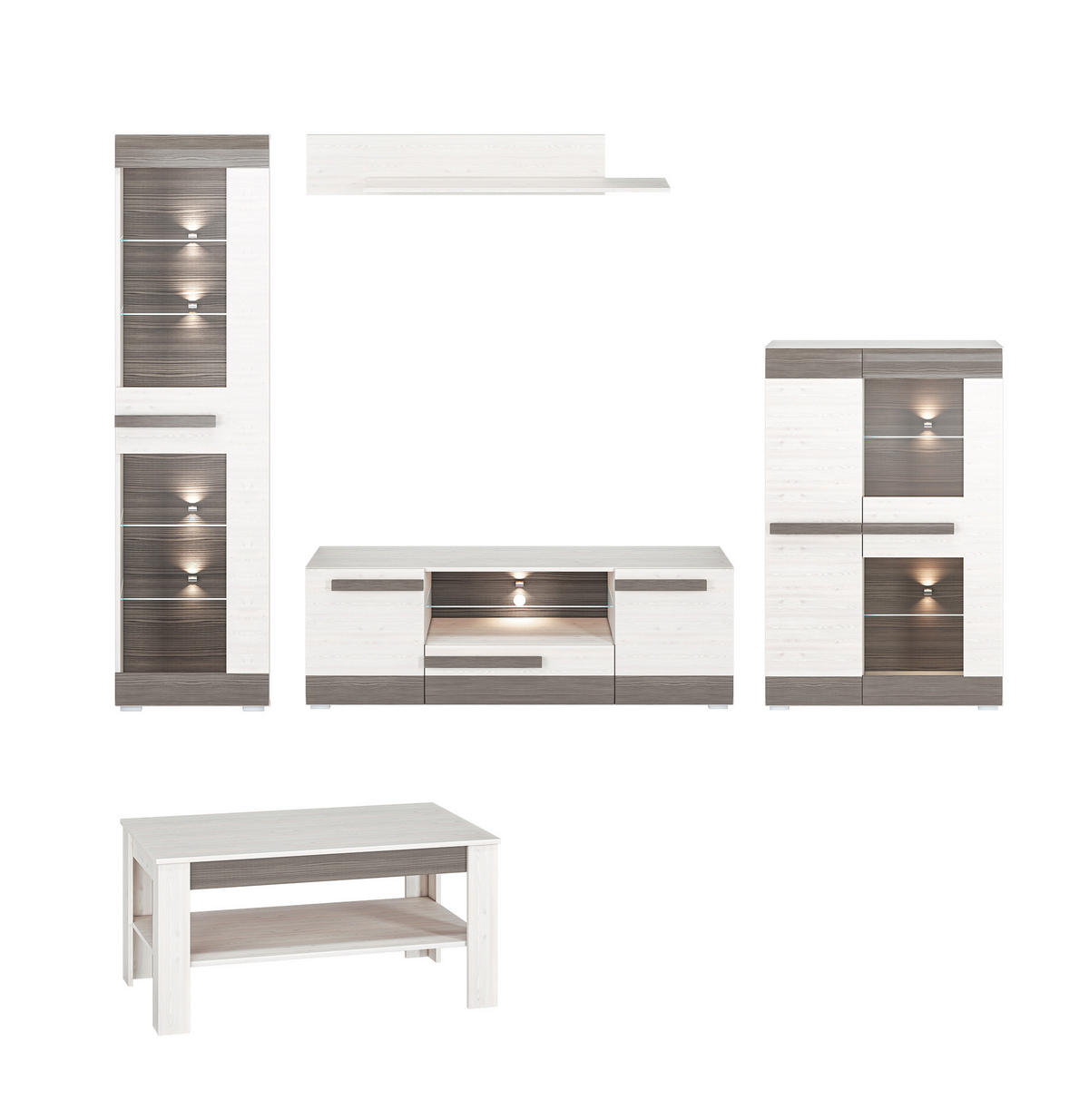 WOHNZIMMER-SET Blanco Pinie weiß / grau 5-teilig - Weiß, Holz/Holzwerkstoff (312/202/67cm) - Feldmann-Wohnen