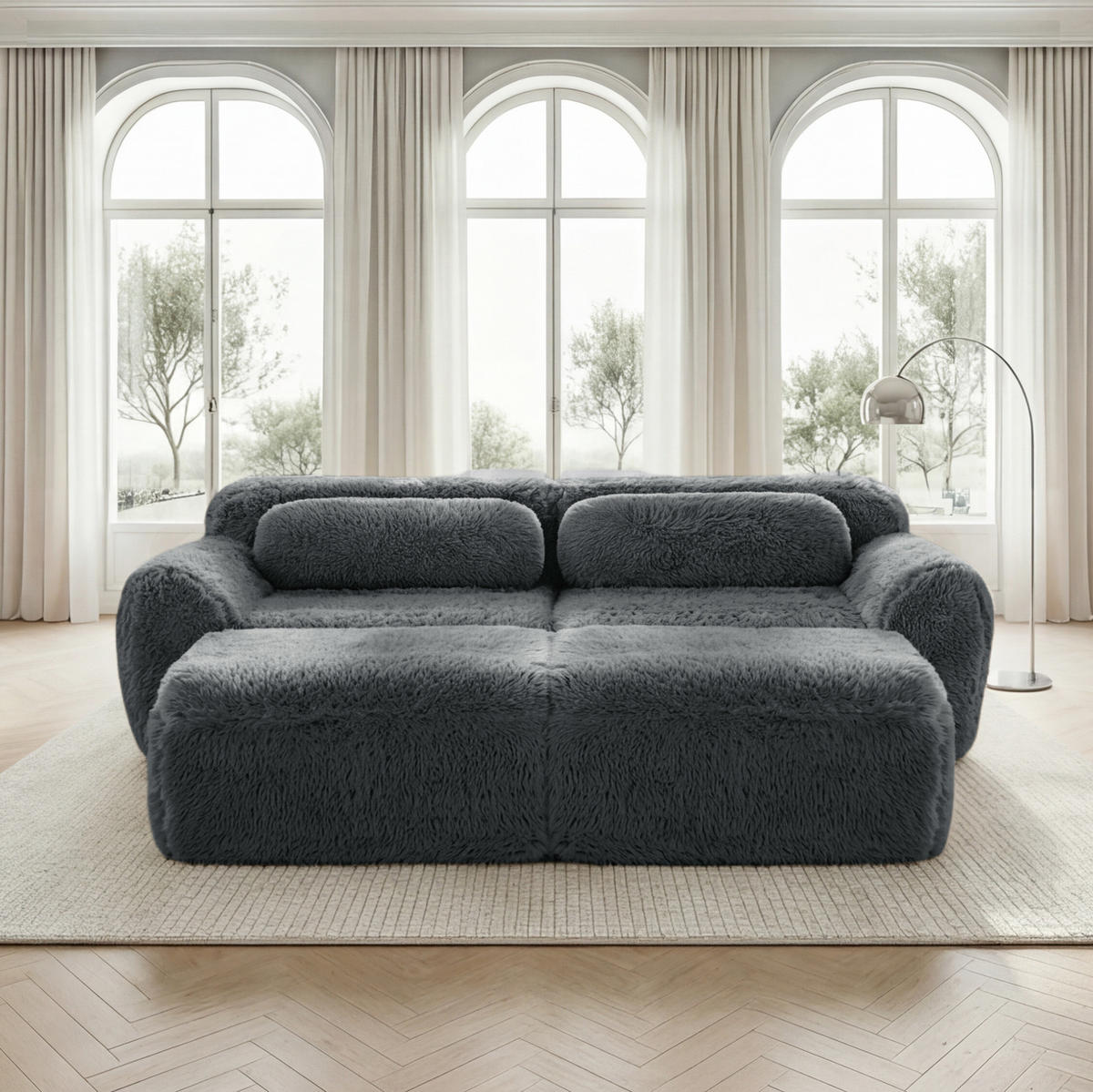 SOFA 204/179/73 cm in Grau aus Plüsch, modular und montagefrei - Grau, Textil (179/73/204cm) - Flora Grace