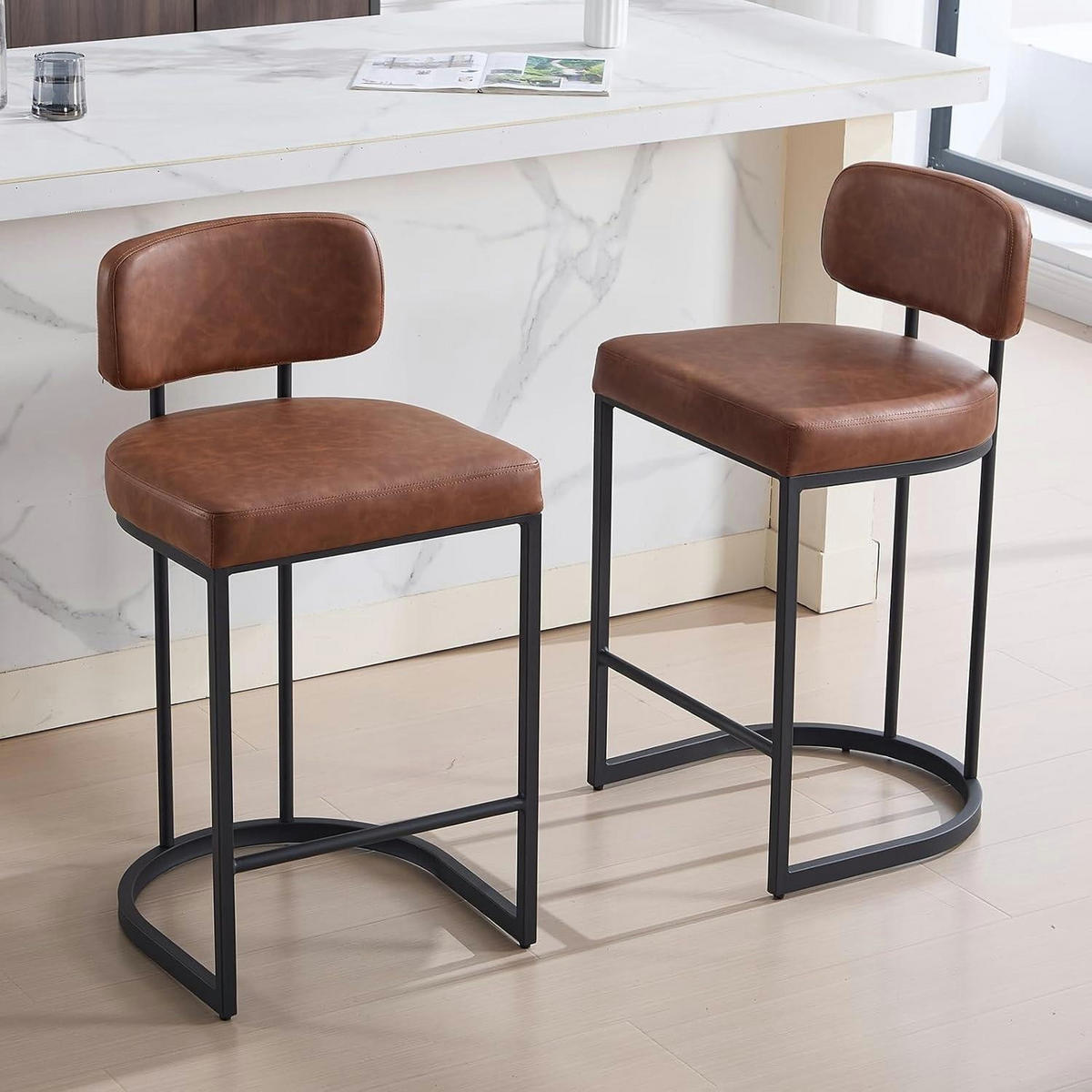 BARHOCKER 4er Set mit Rückenlehne Kunstleder Braun - Braun, Kunststoff (47/88.5/47.5cm)