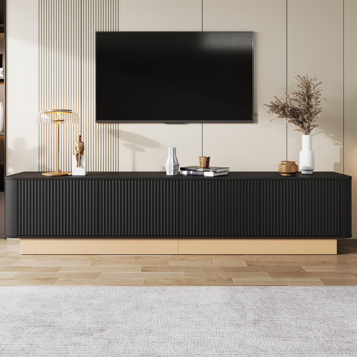 TV-LOWBOARD 200 cm geriffelt 4 Türen - Schwarz, Holz (200/47.5/40cm) - LEBENLANG