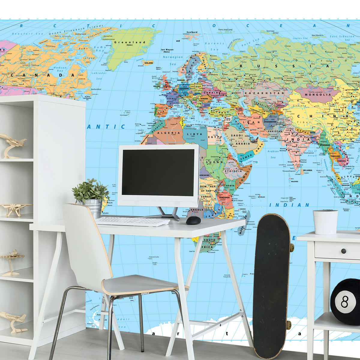 FOTOTAPETE für Wohnzimmer Politische Weltkarte Kontinente 200x140 - Gelb/Rosa, Papier (200/140cm) - Muralo