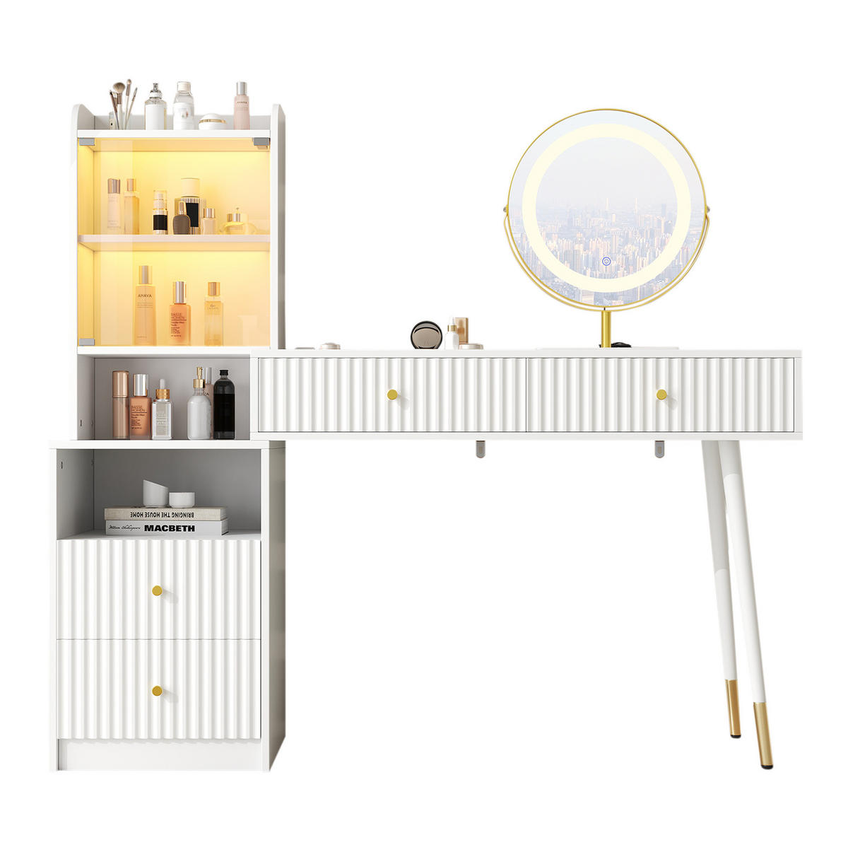 SCHMINKTISCH 100/40/125 cm mit LED-Spiegel, 4 Schubladen und beleuchteter Glasvitrine, Weiß - Weiß, Holzwerkstoff (40/125/100cm) - Redom