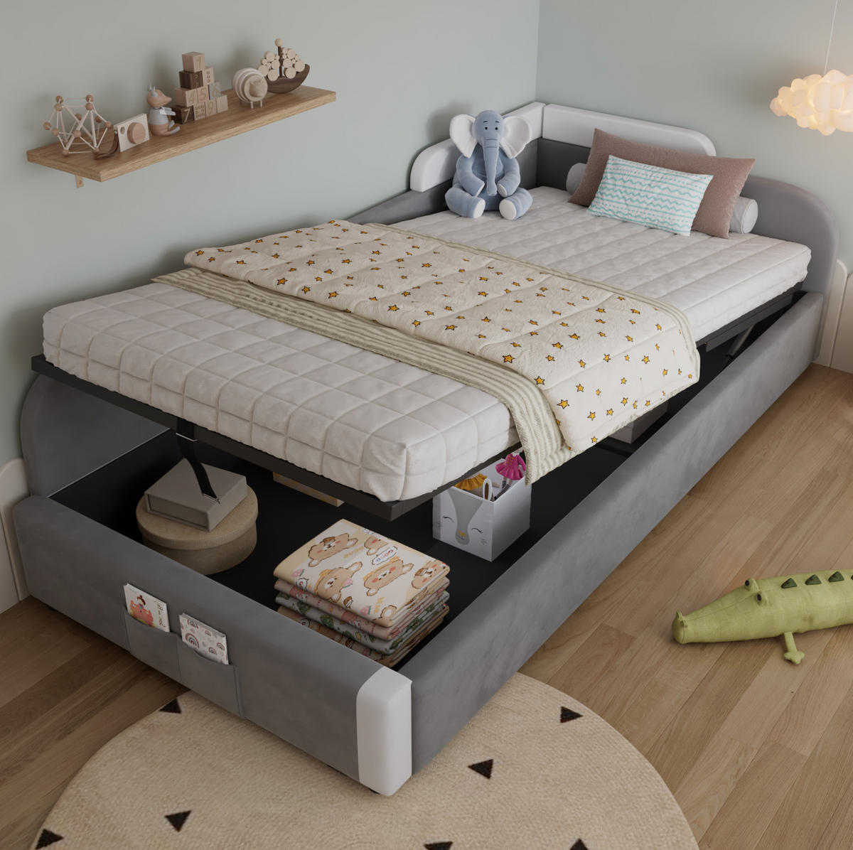 KINDERBETT 90/200 cm in Grau mit Stauraum und weichem Schutzrand - Grau, Textil (90/200cm) - Flora Grace