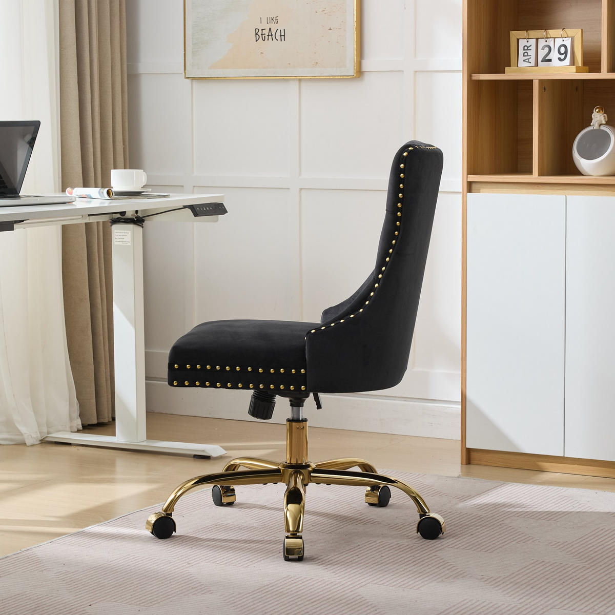 DREHSTUHL DE-40966 mit Knopfheftung und goldenem Metallfuß Schwarz - Schwarz, Metall (63/98/50cm) - ComfortXL