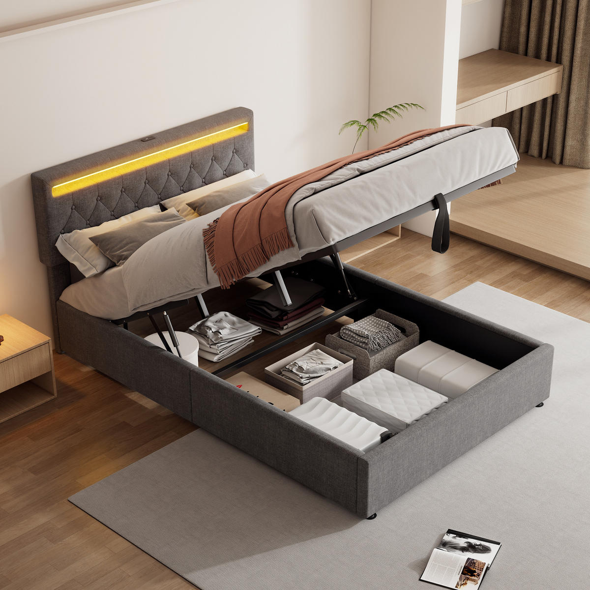 FLACHBETT 140x200cm Grau gepolstert LED Hydraulik USB-C Stauraum - Grau, Holz (140/200cm) - FLIEKS
