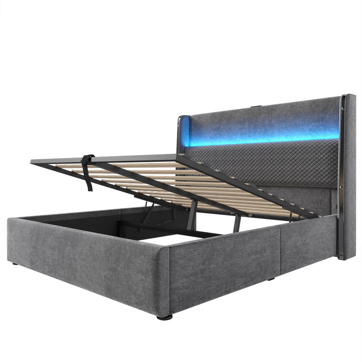 POLSTERBETT 160/200 cm Grau mit hohem Kopfteil und LED-Beleuchtung - Grau, Textil (160/200cm) - OKWISH
