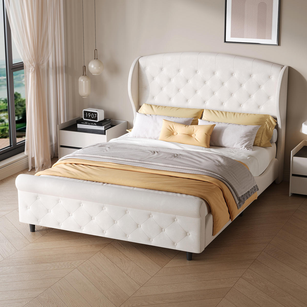 POLSTERBETT 140x200 cm Samt Knopfkopfteil beige - Beige, Holz (140/200cm) - LEBENLANG