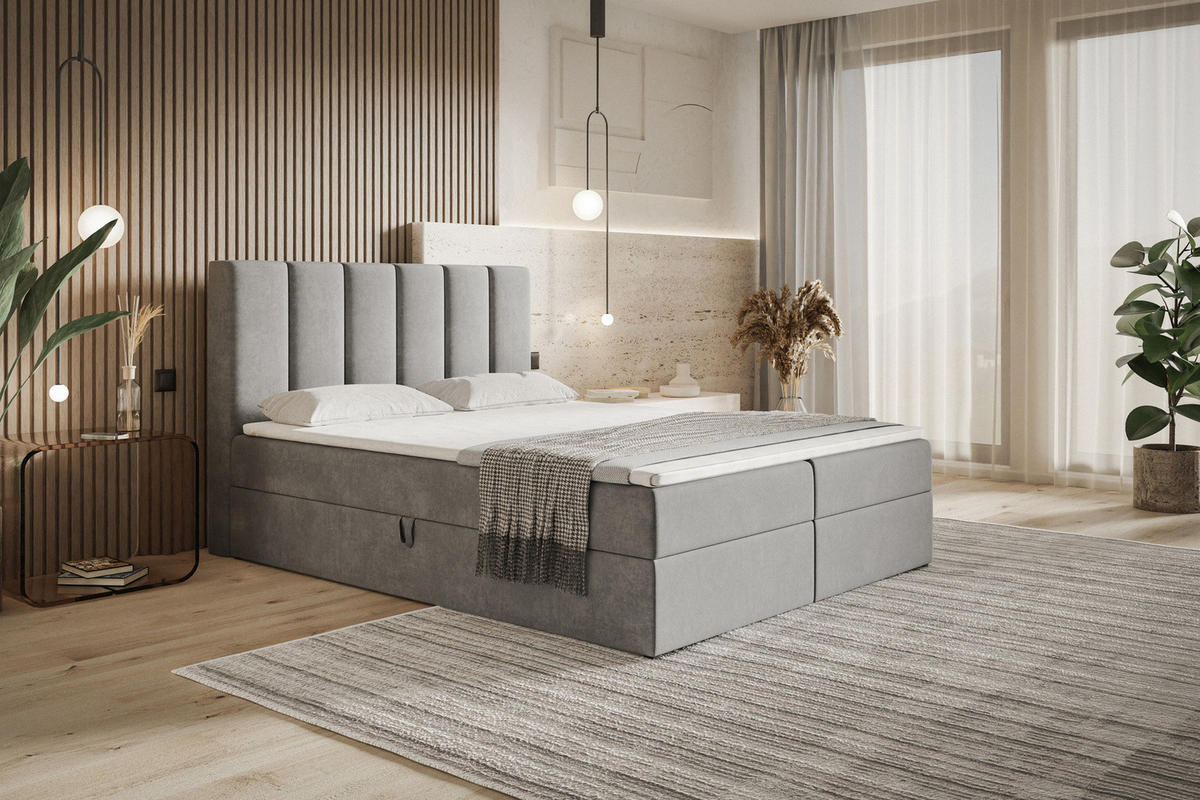 BOXSPRINGBETT 140x200 Foro, Samt, Matratze und Bettkasten, Hellgrau - Hellgrau, Holz/Textil (140/200cm) - Emporius