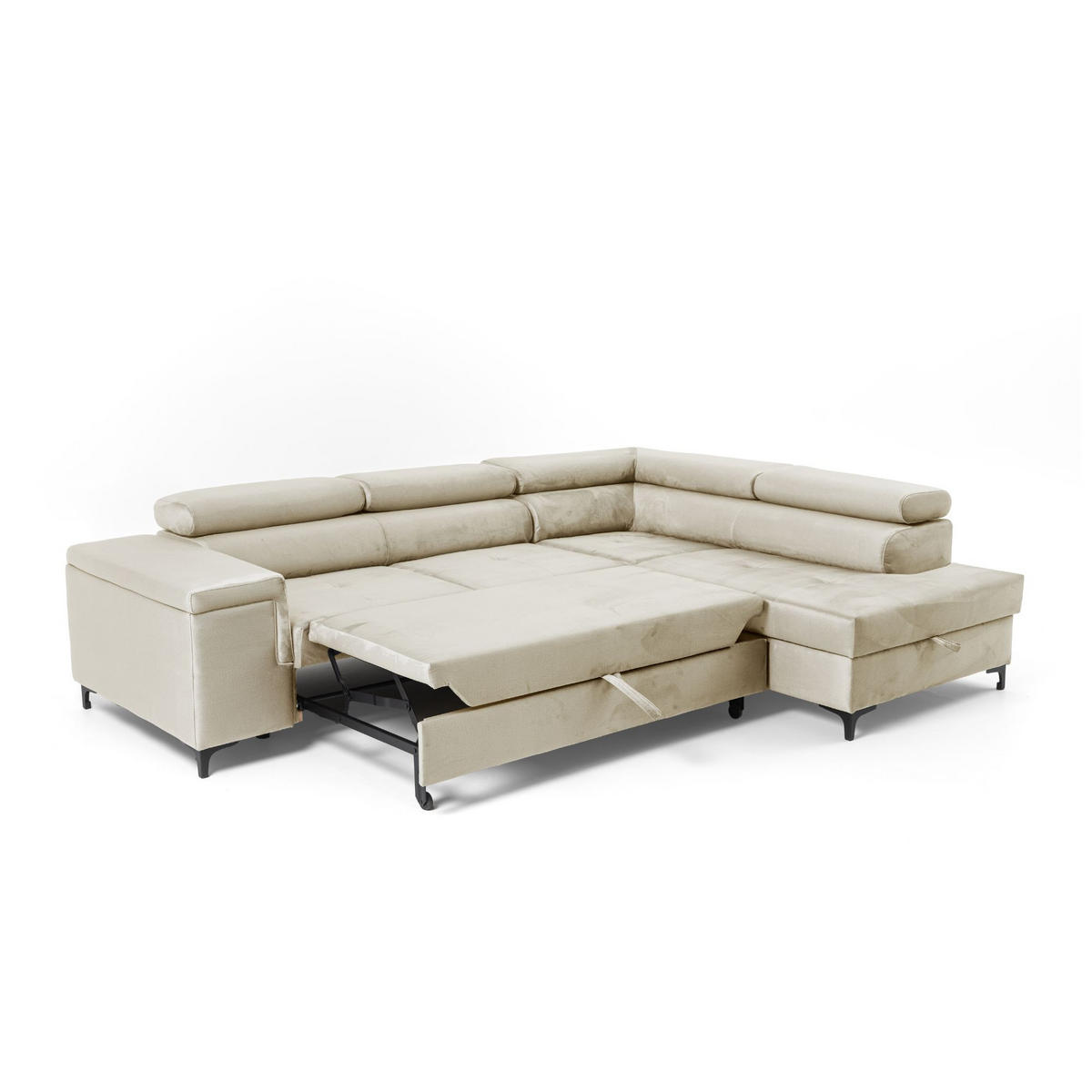 ECKSOFA WILLIAM L Rechts mit Schlaffunktion 127x195 Velours Beige - Beige/Silberfarben, Holz/Textil (203/275cm) - Muffo