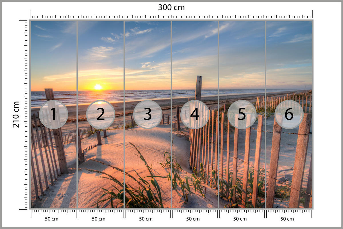 FOTOTAPETE für Wohnzimmer Sonnenaufgang Strand Meer Wellen Dünen 300x210 - Blau/Gelb, Papier (300/210cm) - Muralo