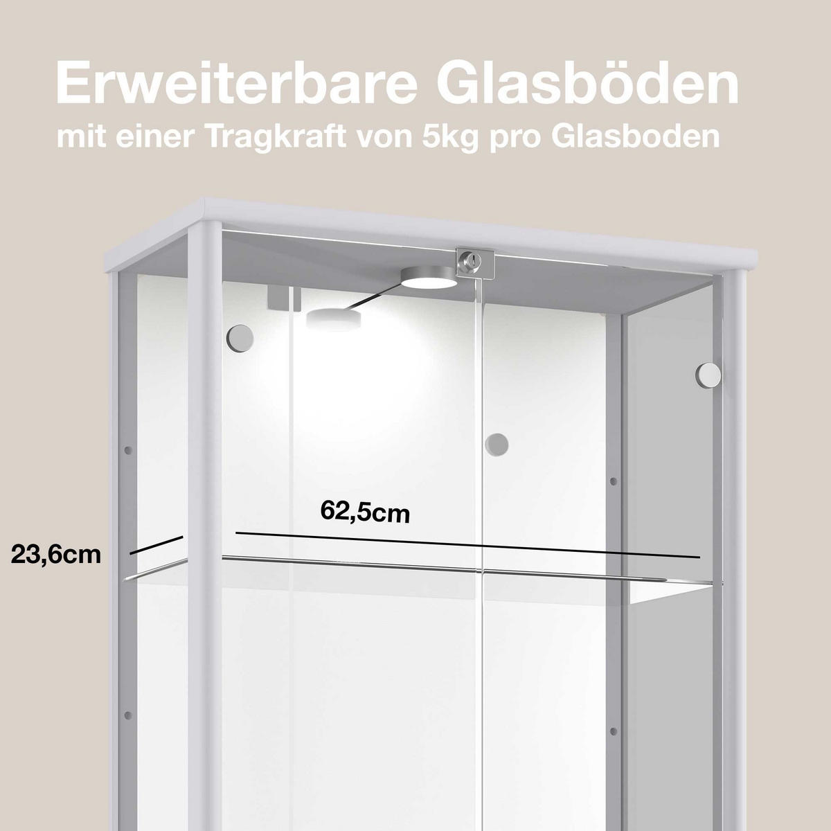 GLASVITRINE 33/67/176 cm mit Spiegel, LED, Schloss & 4 höhenverstellbaren Glasböden - Transparent/Silberfarben, Glas/Holzwerkstoff (67/176/33cm) - K-Möbel