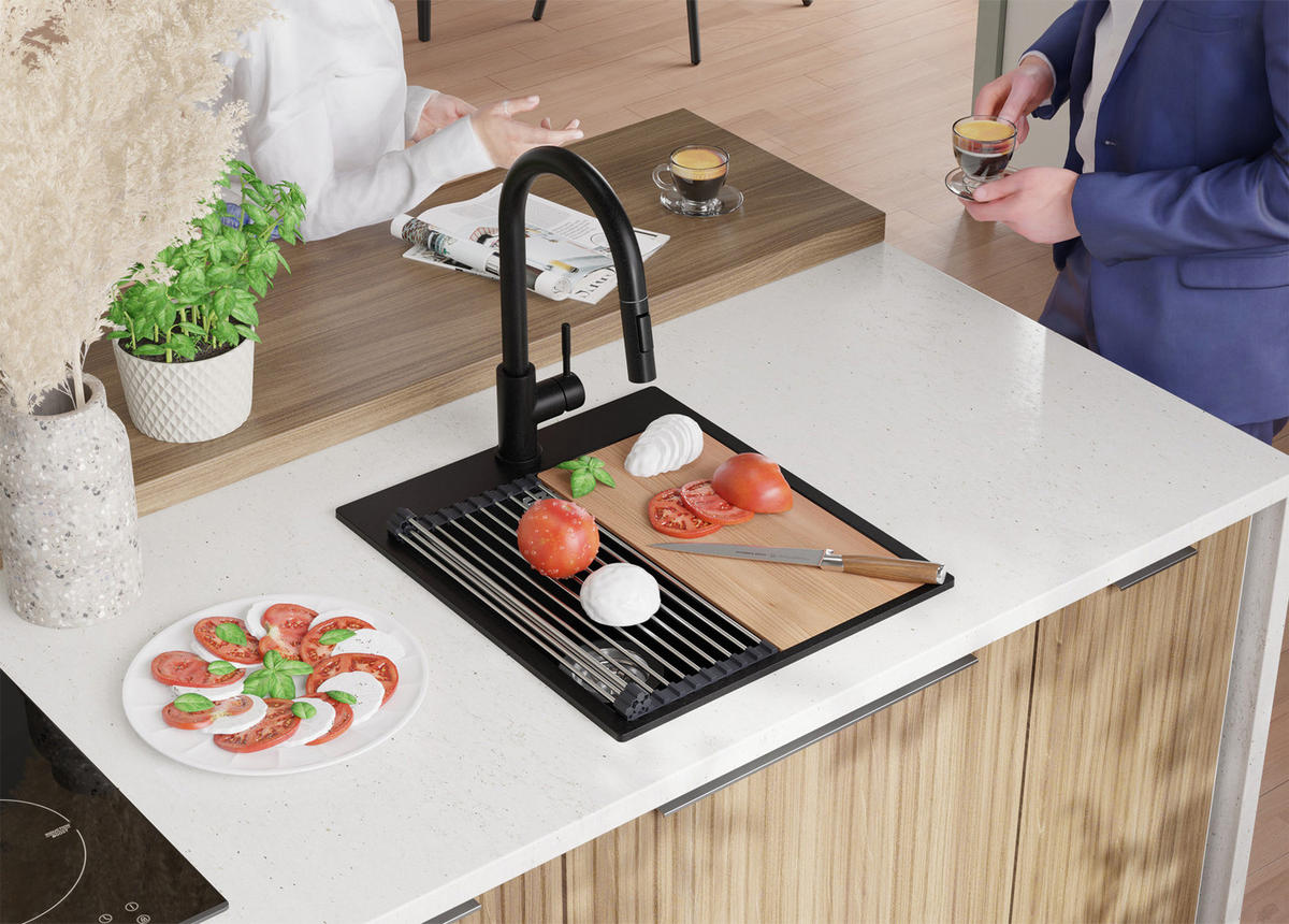 SPÜLBECKEN Oslo, 2-er set Alles Schwarz 43/50 cm 1 Becken + Ablauf-Set + Schneidebrett ab 45er Unterschrank - Schwarz, Kunststoff (43/20/50cm) - Primagran