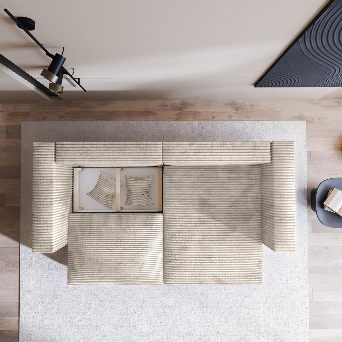 ECKSOFA NERIO Creme Kordstoff mit Schlaffunktion - Creme, Holz (245/148cm) - MASSENO