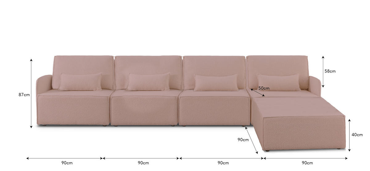 4-SITZER-SOFA Chaiselongue bezogen Bouclé und Kiefernholz Hellrosa LEA - Pink, Textil (368/87/90cm) - RNT By Really Nice Things
