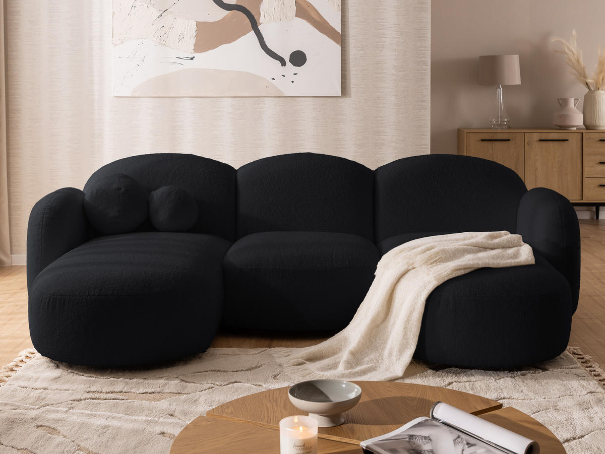 WOHNLANDSCHAFT Nuvola mit abgerundetem Design Schwarz Bouclé-Stoff - Schwarz, Holz/Kunststoff (268/80/146cm) - S-Style Möbel