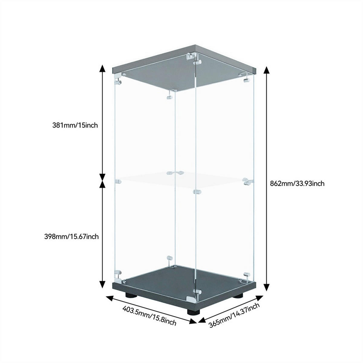VITRINE - Glasvitrine mit 1 Tür und 2 Ebenen - integrierte LED-Spot-Beleuchtung - Schwarze Decken- und Bodenplatte - Schwarz, Glas (40.35/86.2/36.5cm) - DELFA