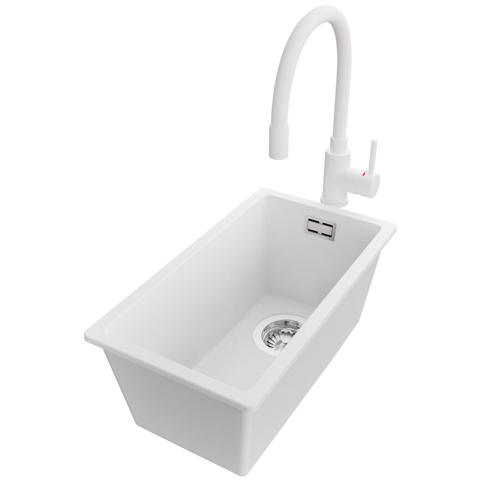 GRANITSPÜLE London Slim, 2-er set Weiß 26/47 cm 1 Becken + Küchenarmatur 38/14 cm + Ablauf-Set ab 30er Unterschrank - Chromfarben/Weiß, Kunststoff (26/20/47cm) - Primagran