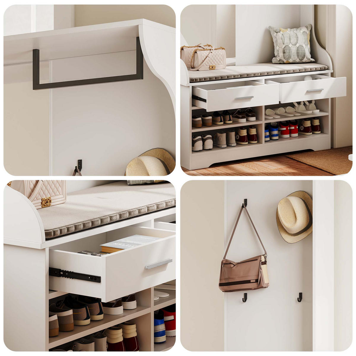 GARDEROBENSTÄNDER, weiß, Spiegel, Haken, Stange, Schuhfach integriert - Weiß, Glas (100/180/35cm) - EuroLiving