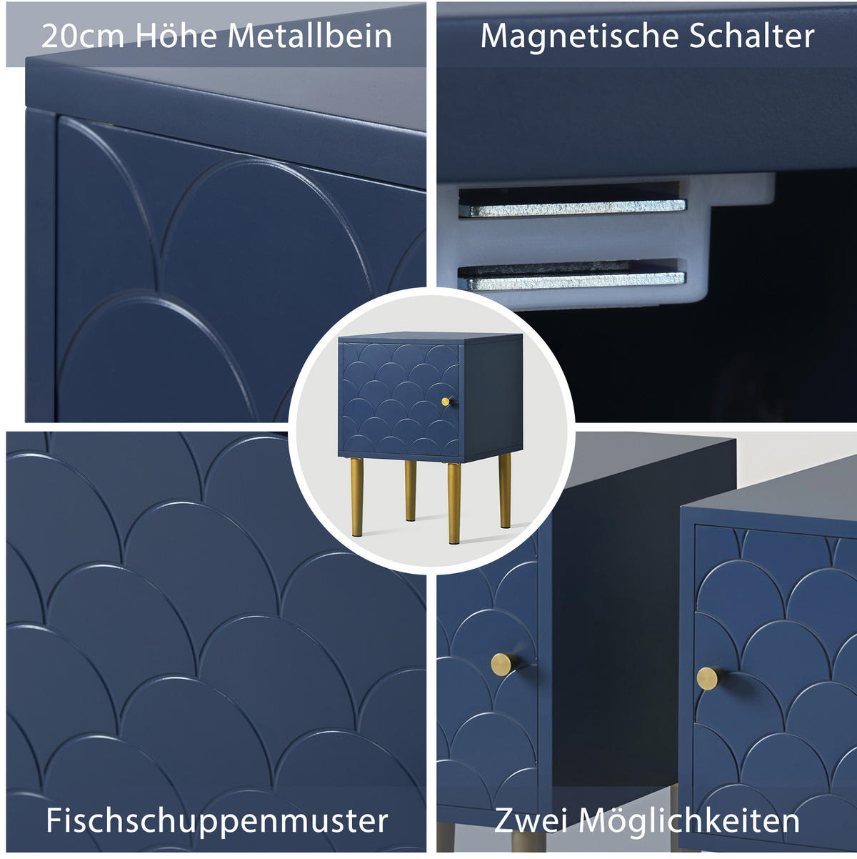 NACHTTISCH aus Holz und Metall 35x35x51 cm Marineblau mit Fischschuppenmuster und flexibel montierbarem Griff - Dunkelblau, Holzwerkstoff (35/51/35cm) - Modfu