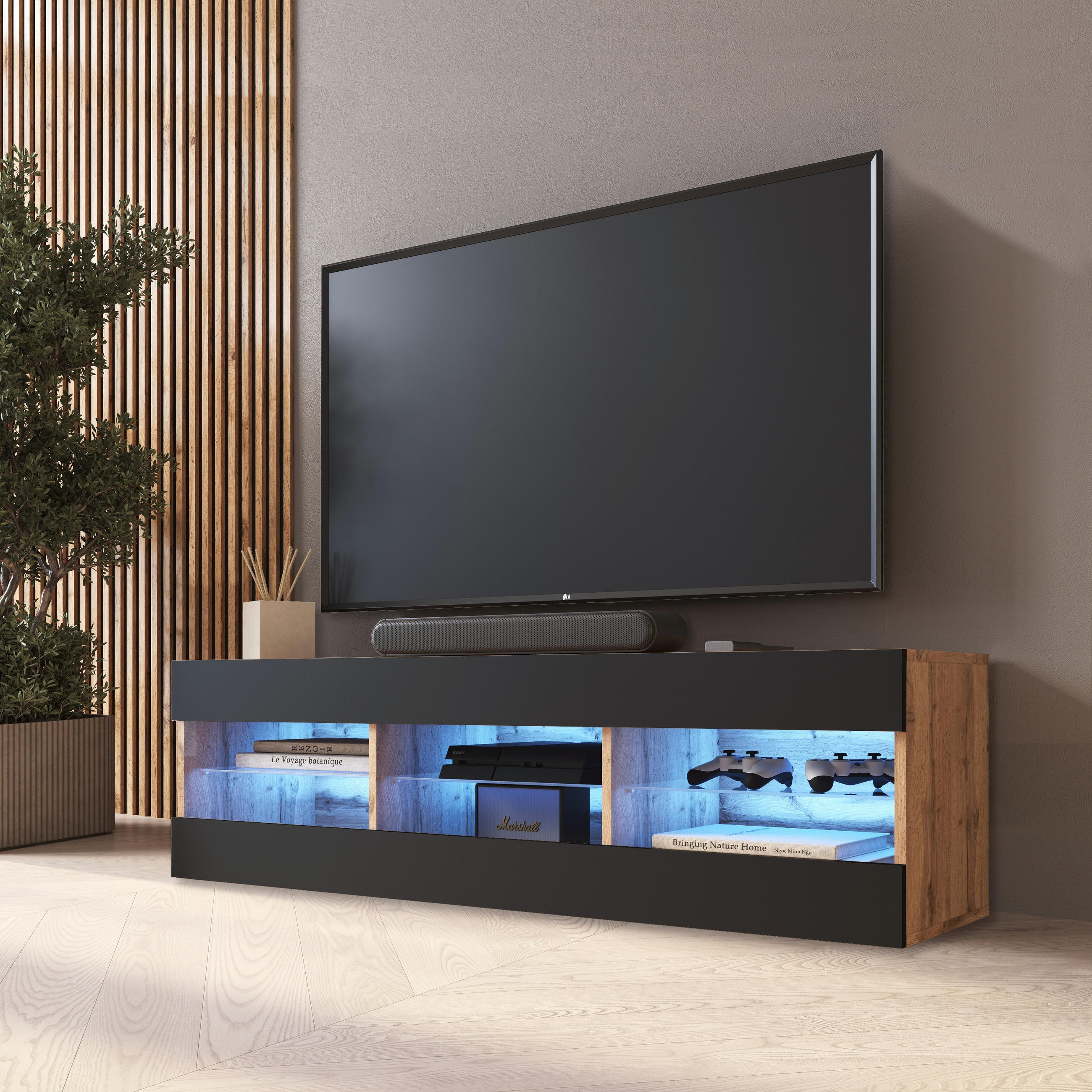 LOWBOARD TIVOLI RTV 140, Schwarz, LED Blau - Eiche Wotan/Schwarz, Glas/Holzwerkstoff (140/40.5/35.5cm) - Komodee