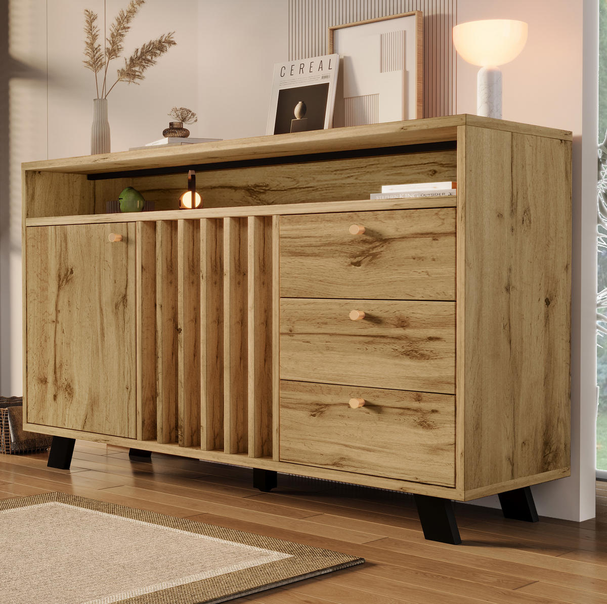 SIDEBOARD 120/40/85 cm mit 3 Schubladen, 2 Türen, offenem Fach und Lamellenfront aus Holz, Dunkle Eiche - Braun, Holz (120/85/40cm) - Redom