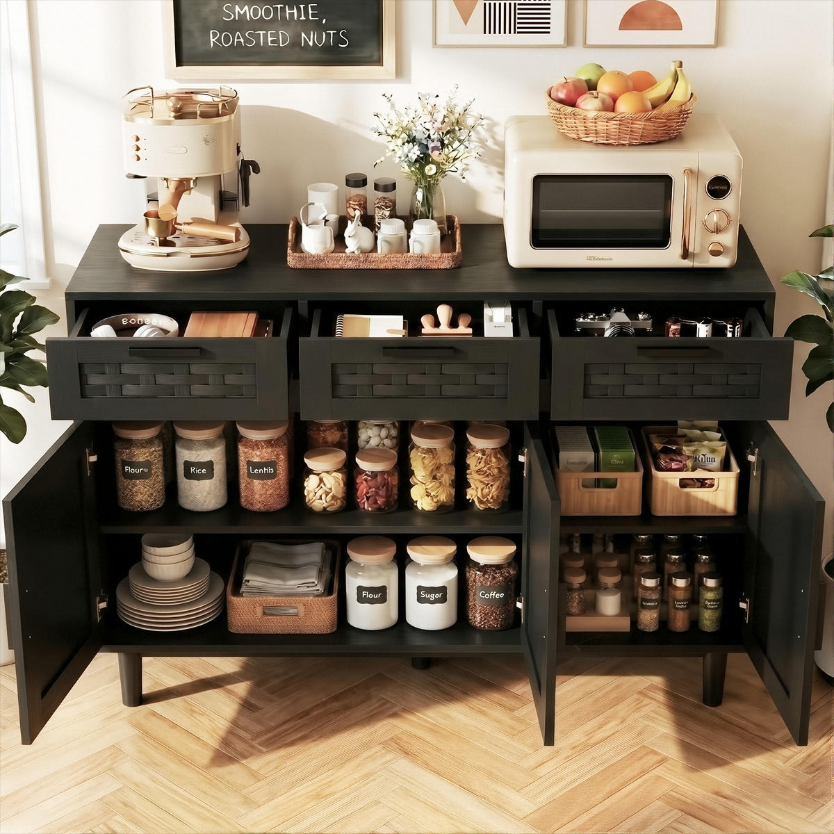 SIDEBOARD Japandi mit 3 Türen & 3 Schubladen 108/40/80 cm Schwarz - Schwarz, Holzwerkstoff (107.9/80/40cm) - Creahappy