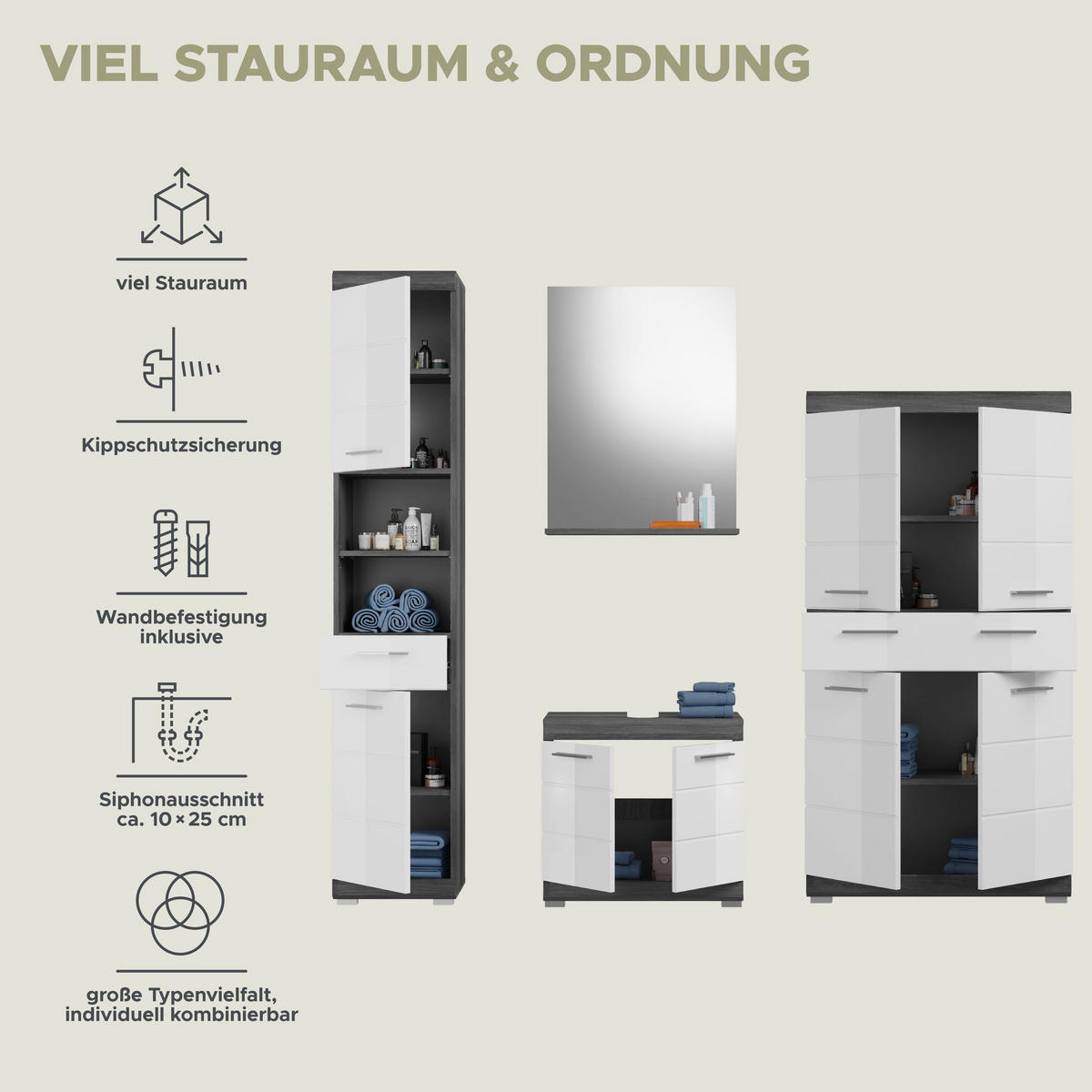 BADKOMBINATION 4tlg. Scout Bad in Rauchsilber Nachbildung und weiß hochglanz B/H/T: 186x191x34 cm - Anthrazit, Holz (186/191/34cm)