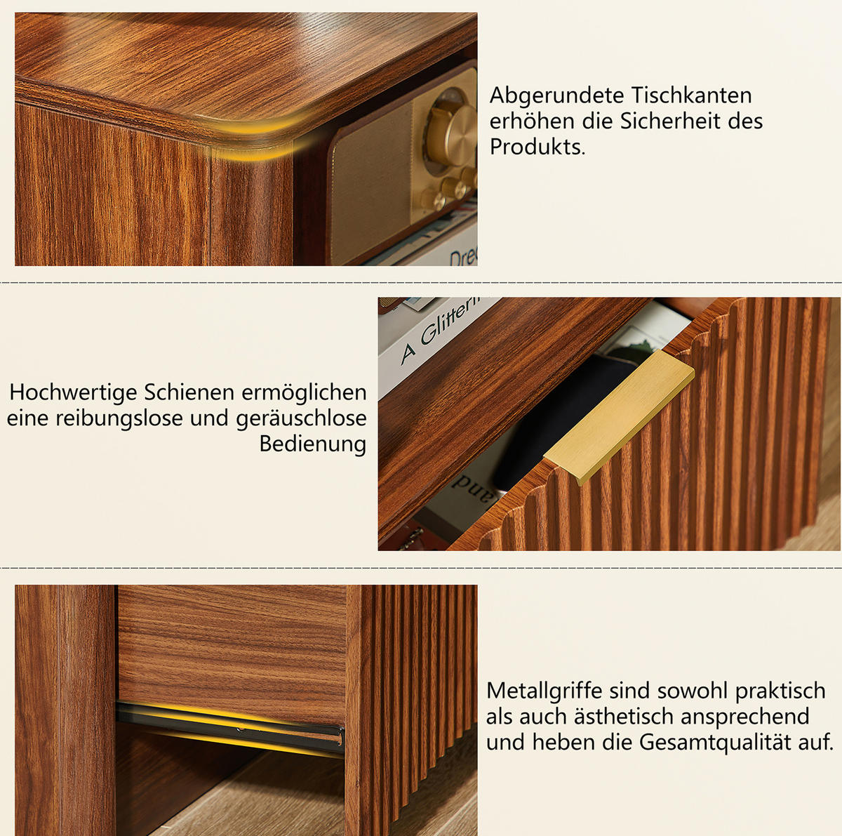 NACHTTISCH aus MDF und Spanplatte 38x58x60 cm Walnussfarben mit Schublade, offenem Fach und Rillendesign - Walnussfarben, Holzwerkstoff (58/60/38cm) - Modfu