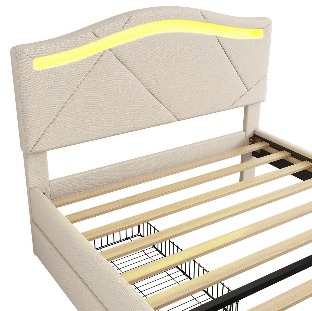 POLSTERBETT 90/200 cm Beige aus Leinen und MDF mit LED-Beleuchtung - Beige, Textil - OKMYHOME