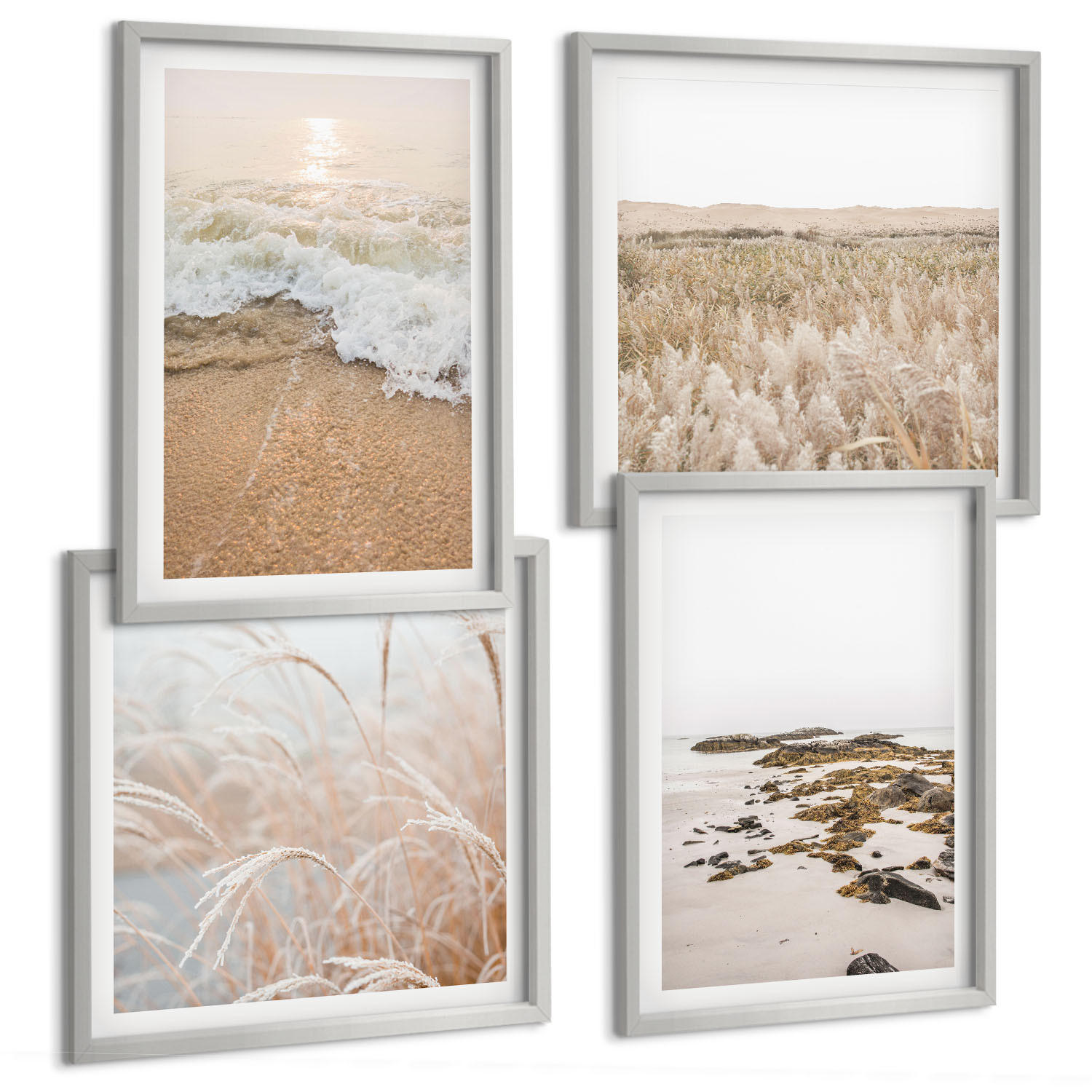 BILDER SET 4er Set - 50x50 cm & 40x60 cm Silberner Rahmen - Strandwellen, Steine, Sommer - Silberfarben, Kunststoff (50/50cm) - TULUP