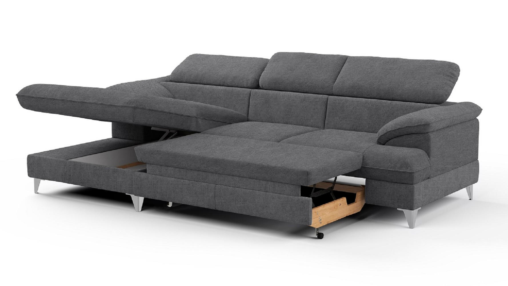 ECKSOFA mit Schlaffunktion und Bettkasten, verstellbare Kopfstützen - Chromfarben/Dunkelgrau, Textil/Metall (254/167cm) - Cotta