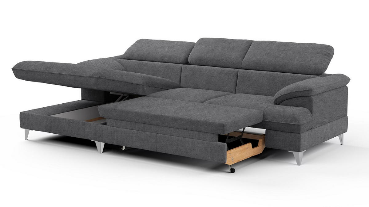 ECKSOFA mit Schlaffunktion und Bettkasten, verstellbare Kopfstützen - Chromfarben/Dunkelgrau, Textil/Metall (254/167cm) - Cotta