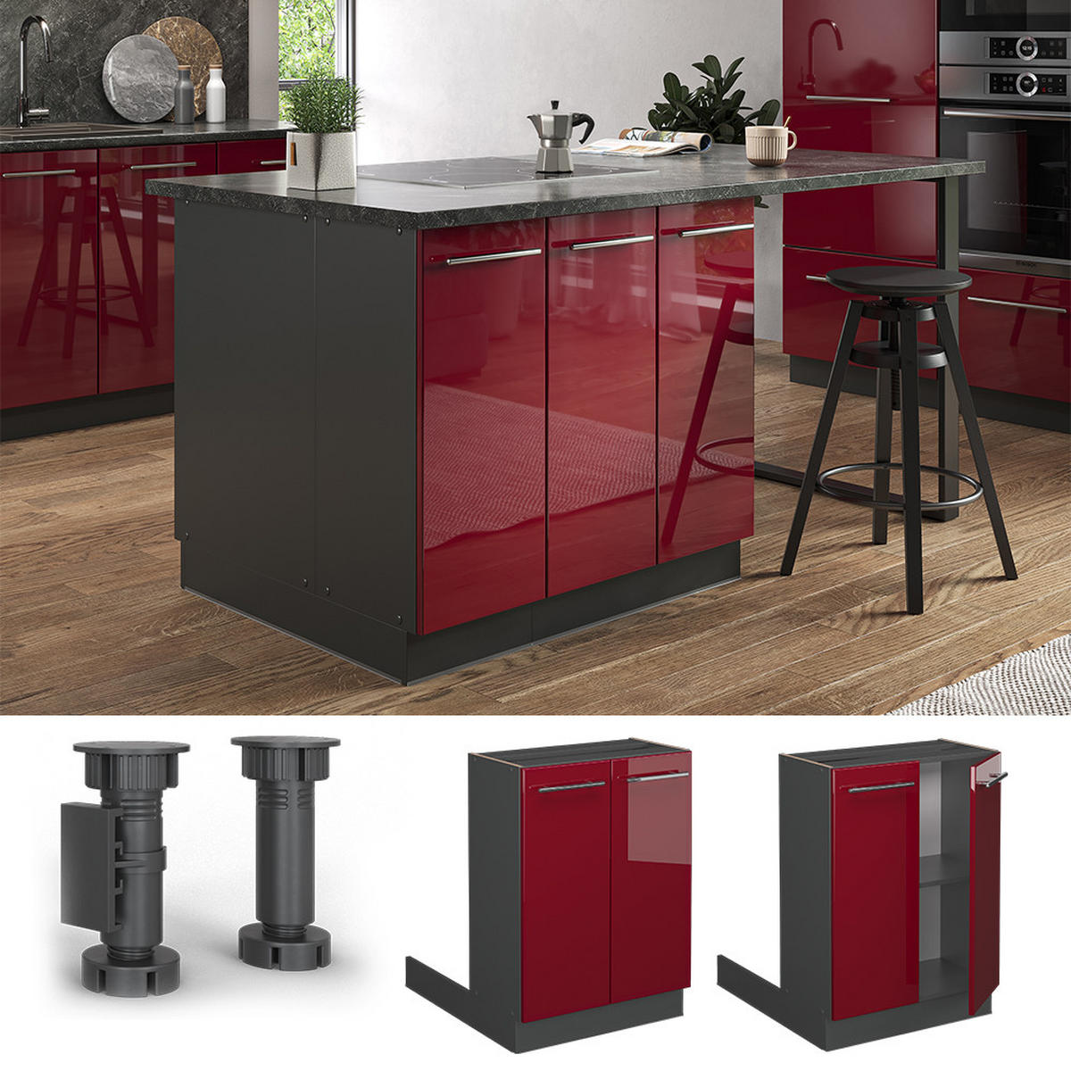 KÜCHENINSEL Fame-Line Bordeaux Hochglanz 60 cm ohne AP - Bordeaux/Anthrazit, Holzwerkstoff (60/82/70cm) - Vicco