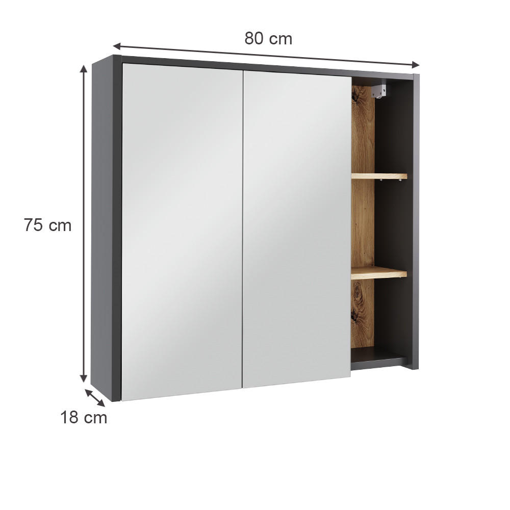 BADSPIEGELSCHRANK Viola Grau/Artisan 80 x 75 cm mit offenen Regalen - Eiche Artisan/Grau, Holzwerkstoff (80/75/18cm) - Vicco