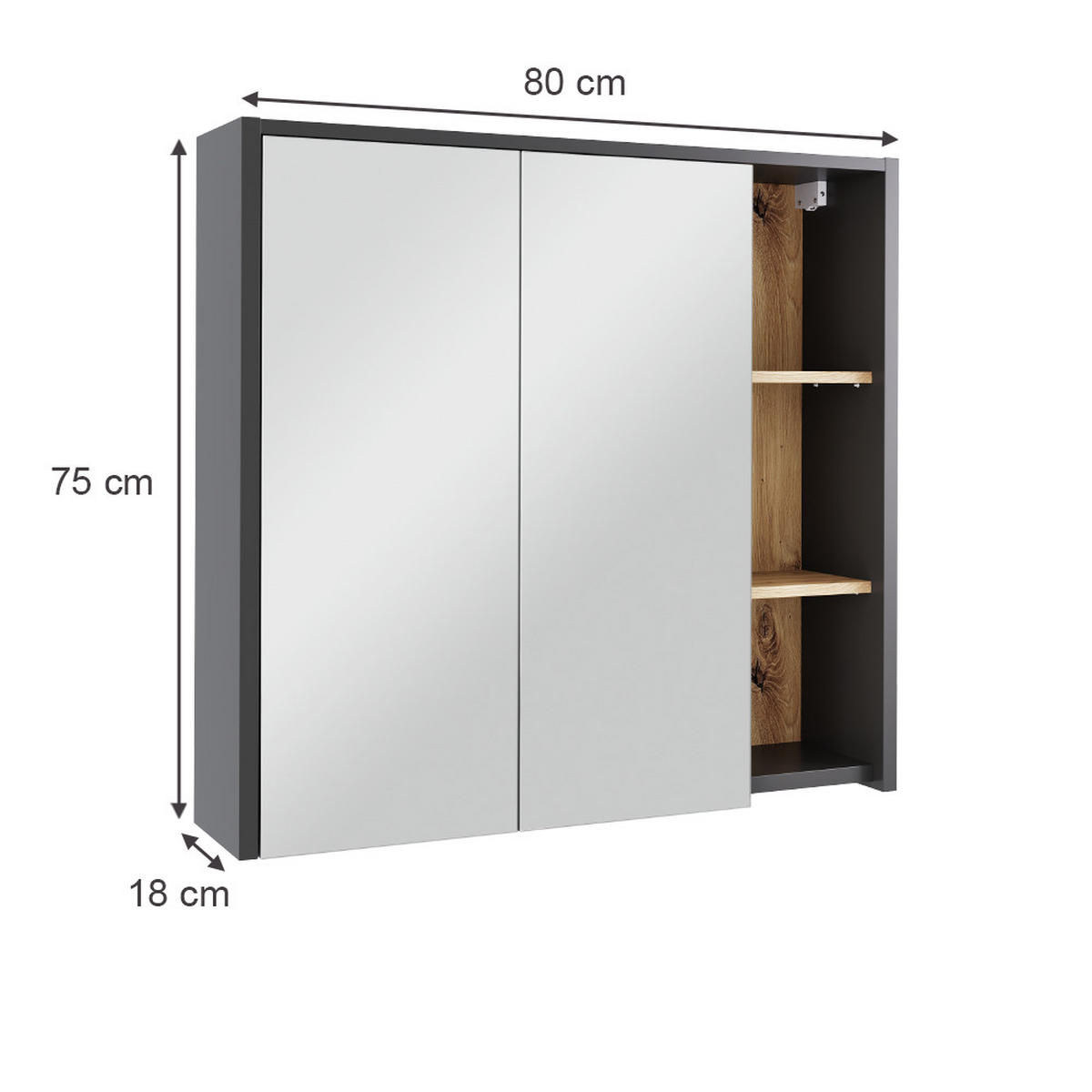 BADSPIEGELSCHRANK Viola Grau/Artisan 80 x 75 cm mit offenen Regalen - Eiche Artisan/Grau, Holzwerkstoff (80/75/18cm) - Vicco