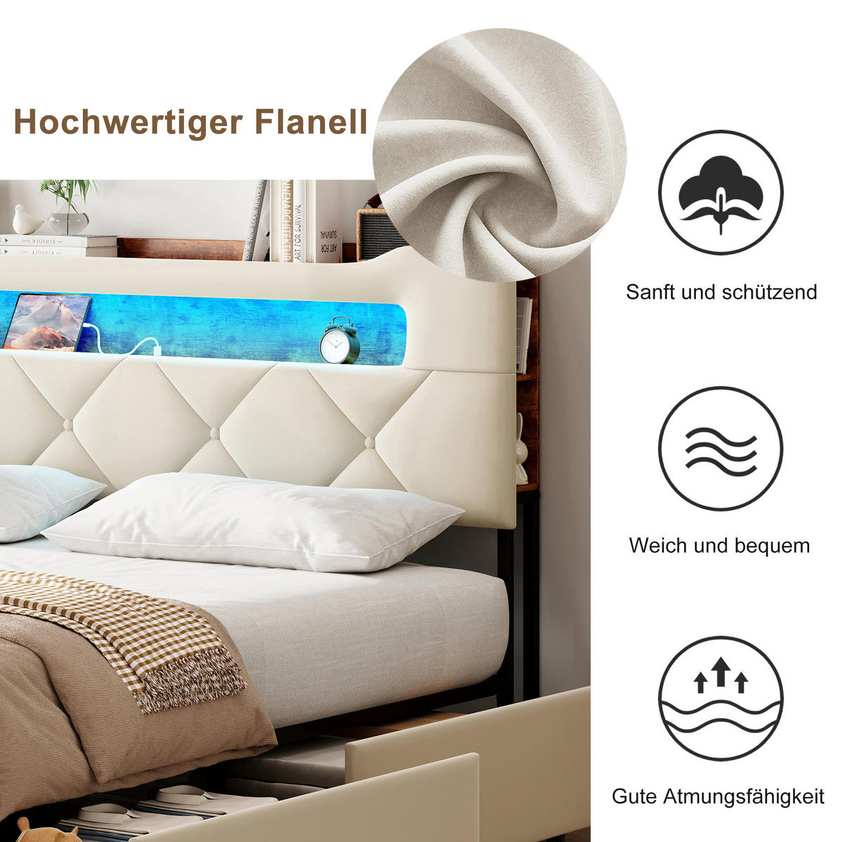 POLSTERBETT 140x200, jugendbett mit 4 Schubladen, LED, USB, Kopfteil, Lattenrost, samt, beige - Beige, Holzwerkstoff/Textil (140/200cm) - GENKI LIVING